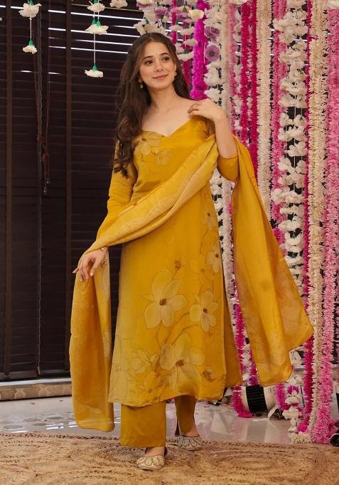 Yellow Printed Silk Kurta Set