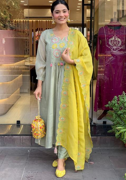 Pista Embroidery Silk Kurta Set