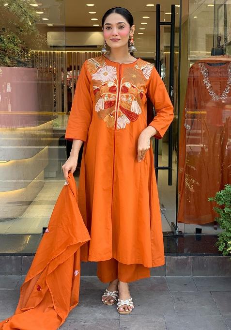 Orange Embroidery Silk Kurta Set