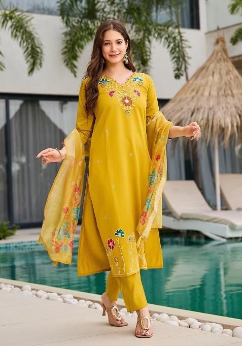 Yellow Embroidery Viscose Blend Kurta Set