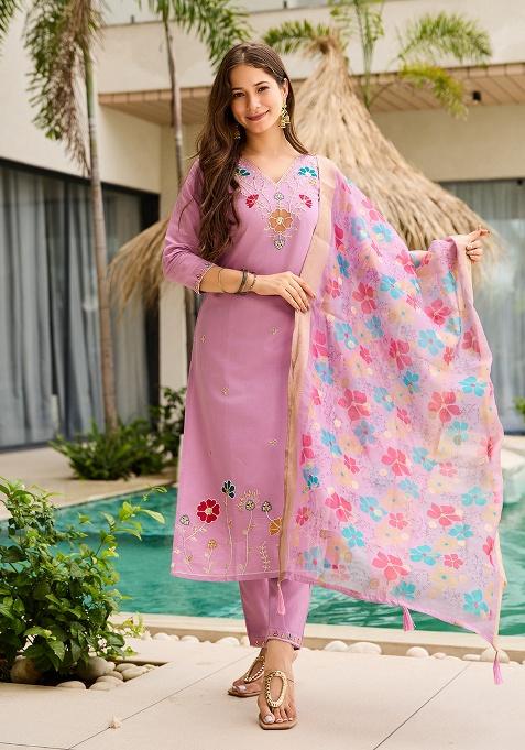 Pink Embroidery Viscose Blend Kurta Set