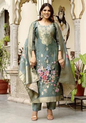 Green Printed Cotton Blended Kurta Set