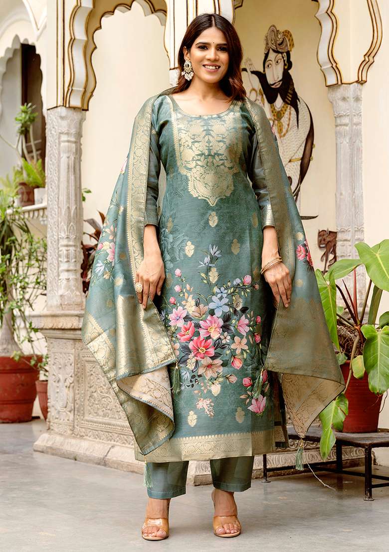 Green Printed Cotton Blended Kurta Set - Indya
