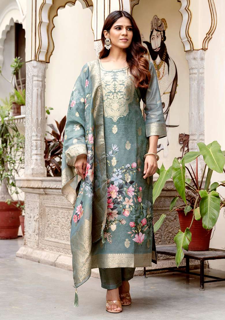 Green Printed Cotton Blended Kurta Set - Indya