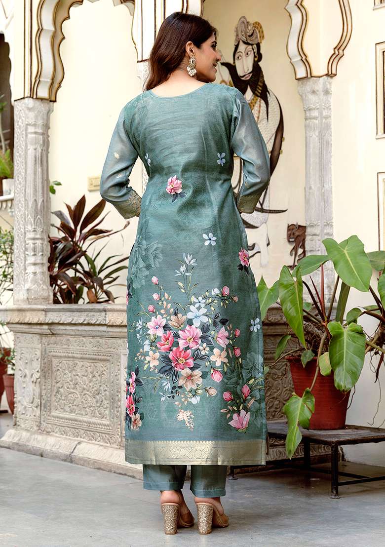 Green Printed Cotton Blended Kurta Set - Indya