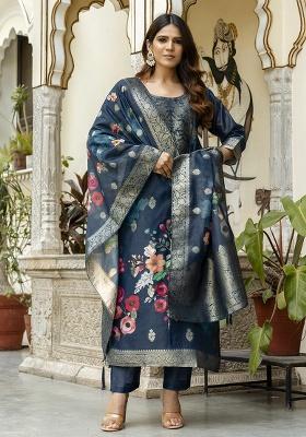 Teal Blue Printed Cotton Blended Kurta Set