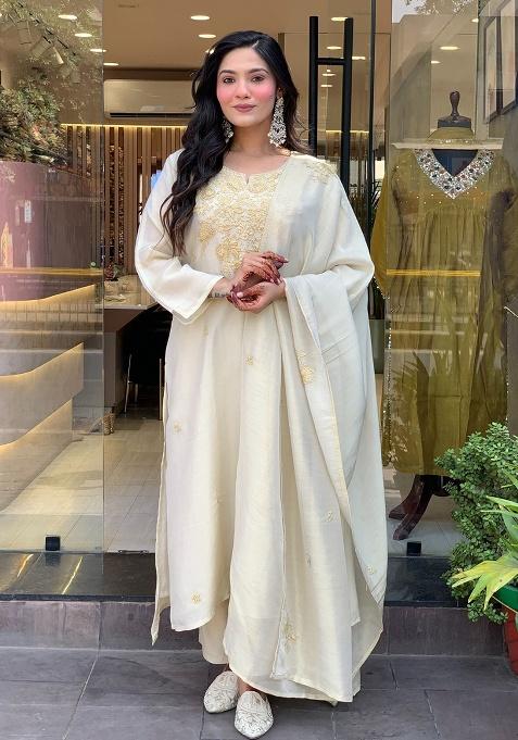 White Embroidery Silk Kurta Set