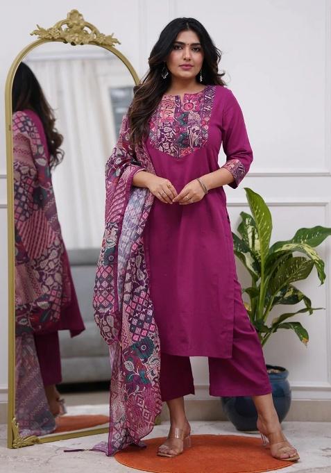 Wine Printed Rayon Kurta Set