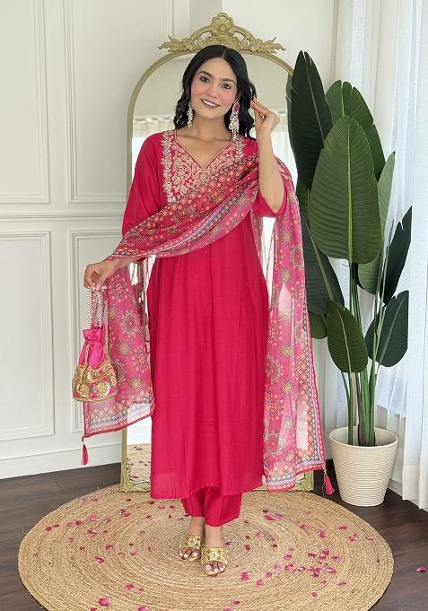 Pink Embroidery Viscose Blend Kurta Set