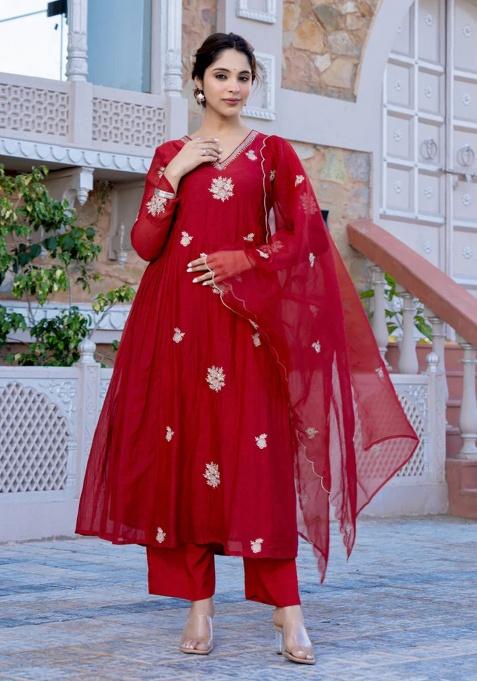 Red Embroidery Silk Kurta Set
