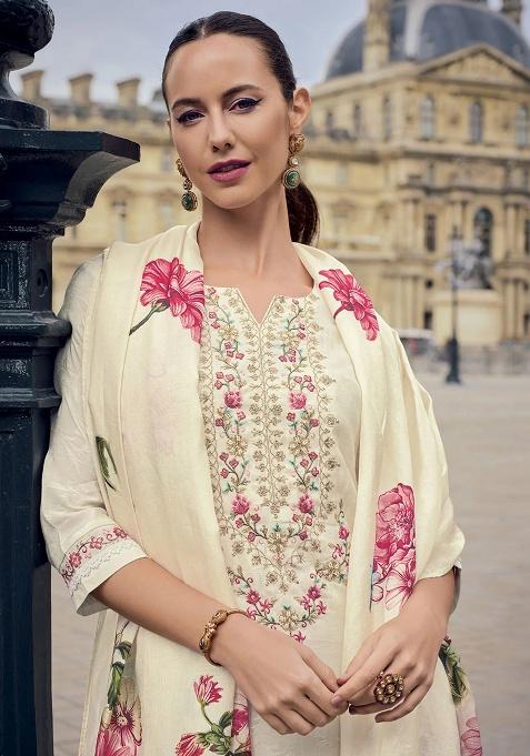 Cream Embroidery Viscose Blend Kurta Set