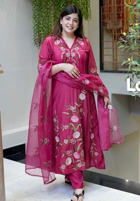 Wine Embroidery Silk Kurta Set