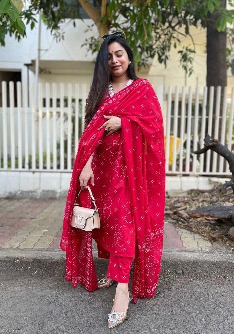 Red Printed Rayon Kurta Set