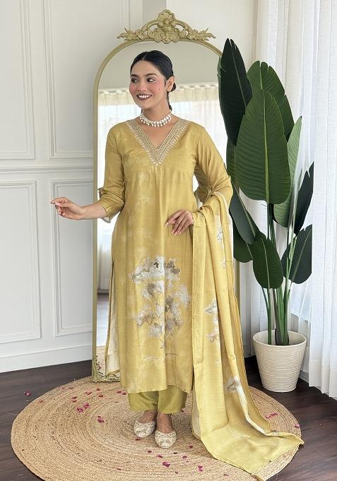 Yellow Embroidery Muslin Kurta Set