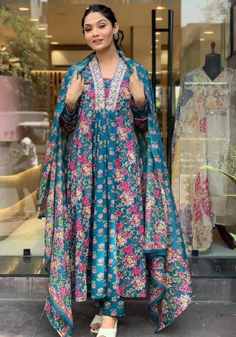 Teal Blue Embroidery Cotton Blended Kurta Set