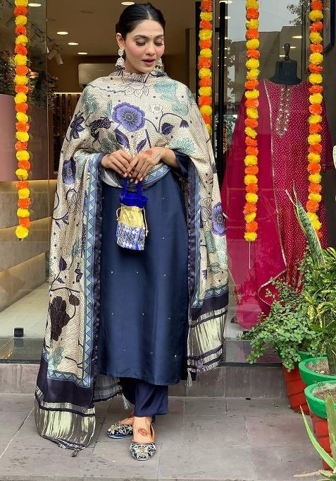 Blue Embroidery Viscose Blend Kurta Set