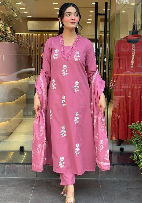 Peach Embroidery Cotton Blended Kurta Set