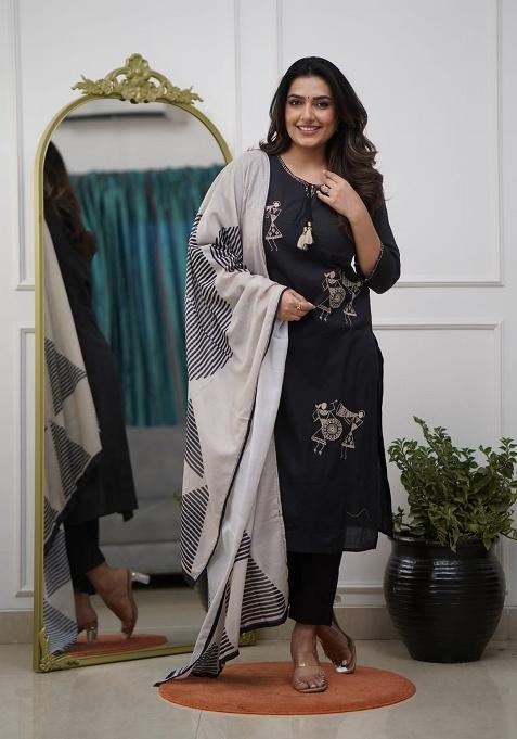 Black Embroidery Silk Kurta Set