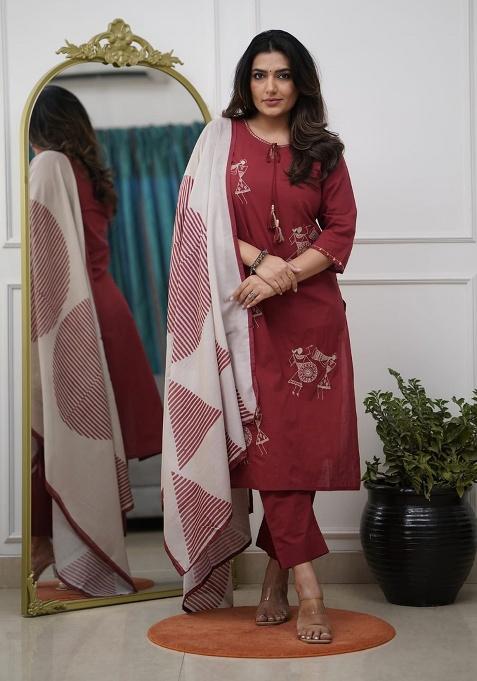 Maroon Embroidery Silk Kurta Set