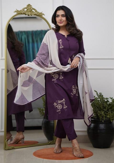 Wine Embroidery Silk Kurta Set