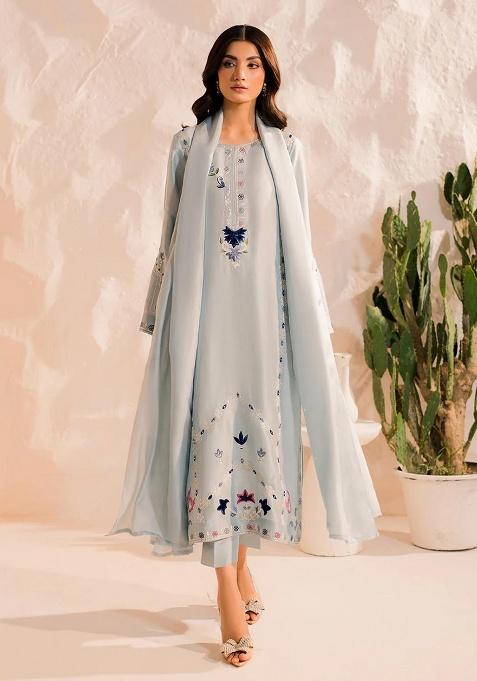 Grey Embroidery Silk Kurta Set