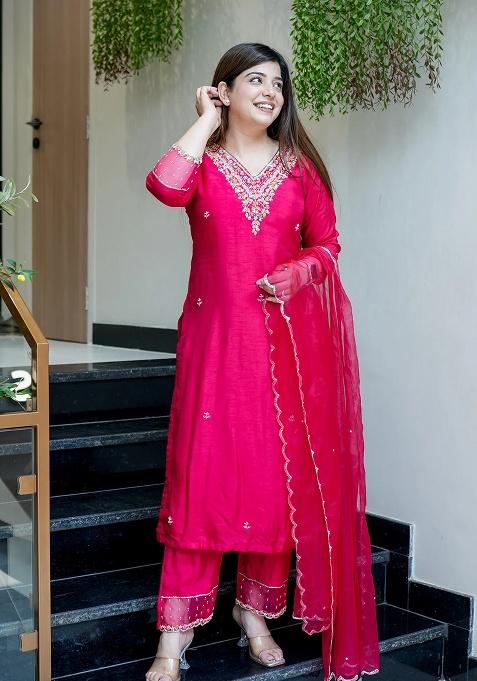 Pink Embroidery Viscose Blend Kurta Set