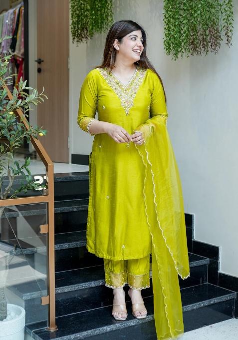 Green Embroidery Viscose Blend Kurta Set