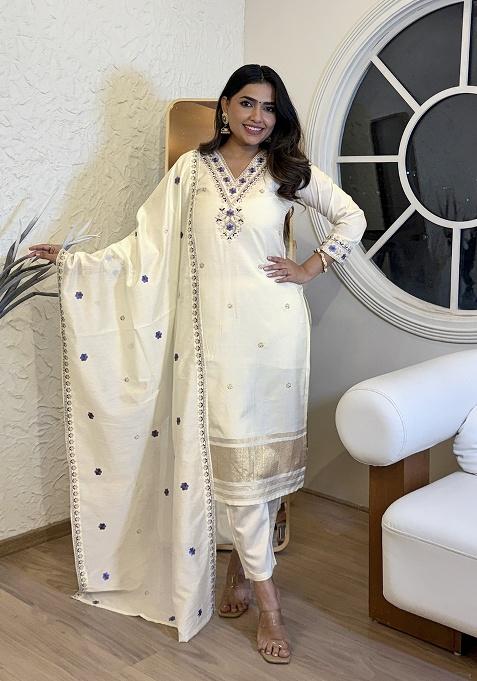 White Embroidery Silk Kurta Set