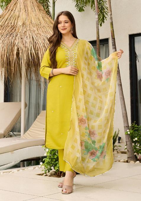 Yellow Embroidery Viscose Blend Kurta Set
