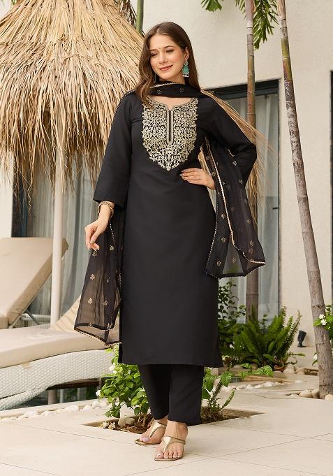 Black Embroidery Viscose Blend Kurta Set