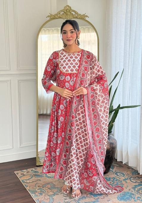 Maroon Printed Rayon Kurta Set