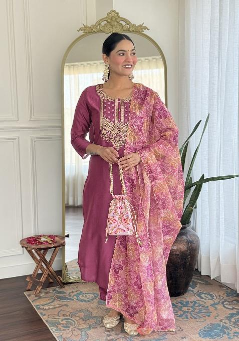 Pink Embroidery Rayon Kurta Set