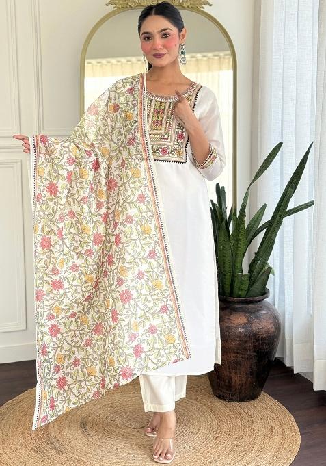 Cream Embroidery Rayon Kurta Set