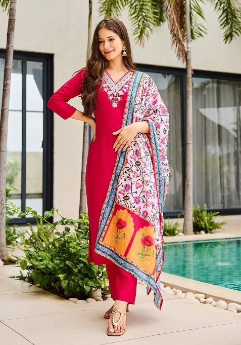 Rani Pink Embroidery Rayon Kurta Set