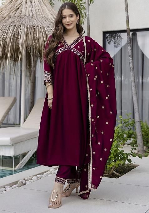 Wine Embroidery Silk Kurta Set