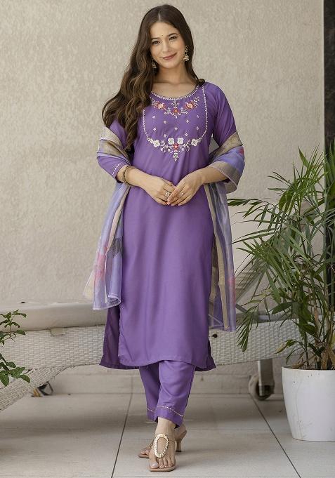 Purple Embroidery Viscose Blend Kurta Set
