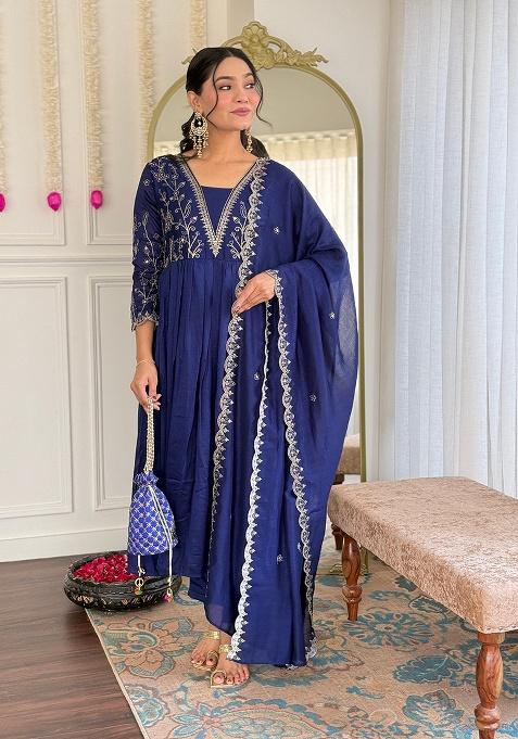 Blue Embroidery Silk Kurta Set