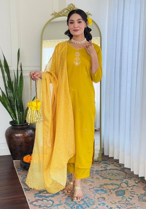 Yellow Embroidery Rayon Kurta Set