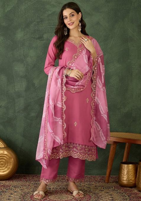 Pink Embroidery Silk Kurta Set