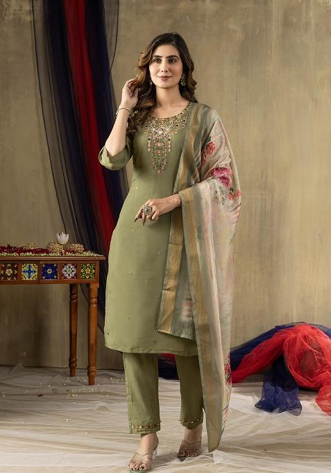 Green Embroidery Silk Kurta Set