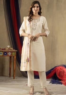 Off White Embroidery Silk Kurta Set