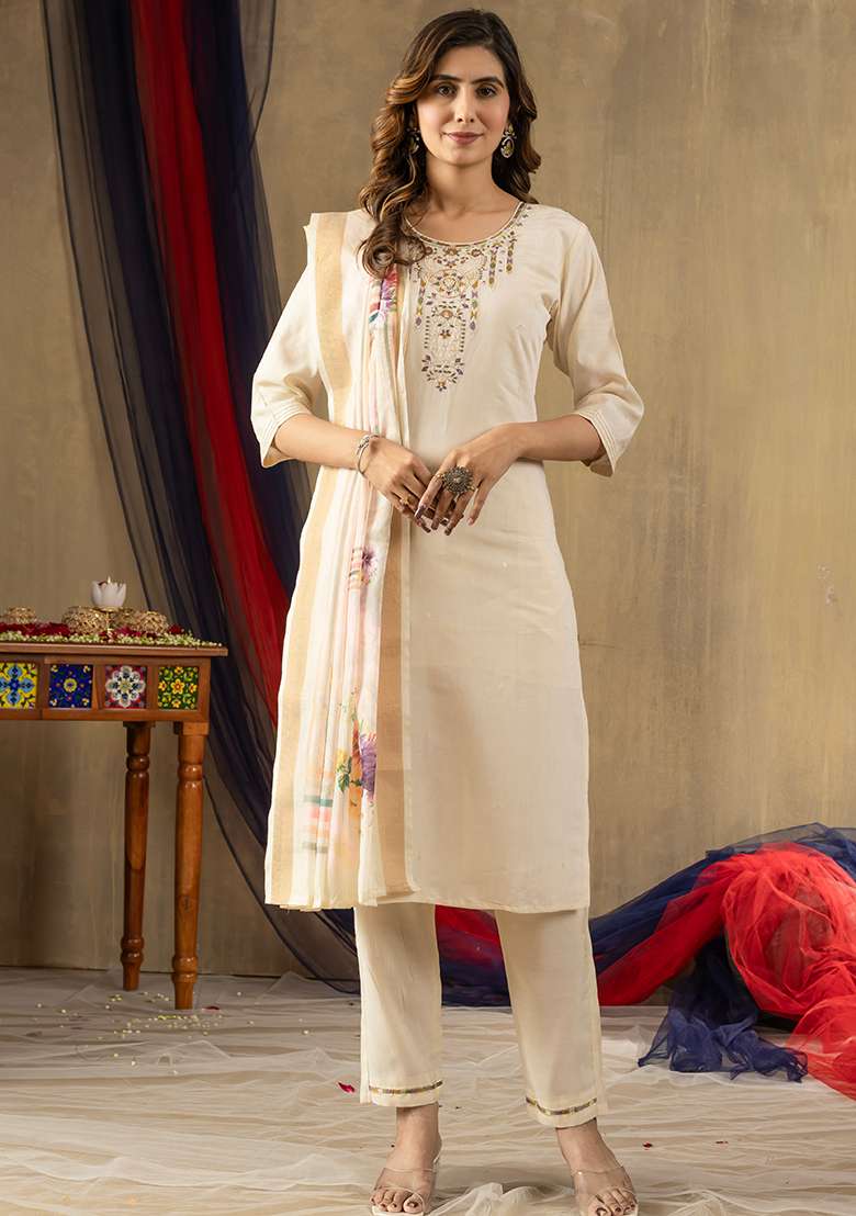 Off White Embroidered Silk Blend Straight Kurta Set - Indya