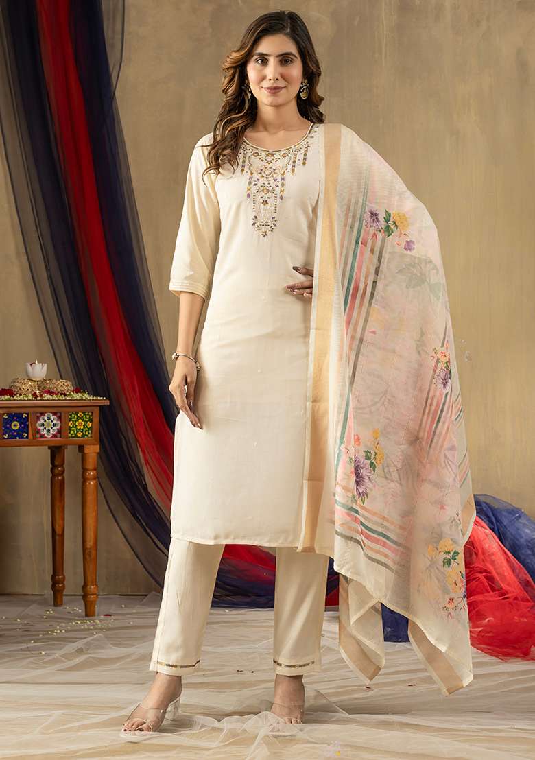 Off White Embroidered Silk Blend Straight Kurta Set - Indya