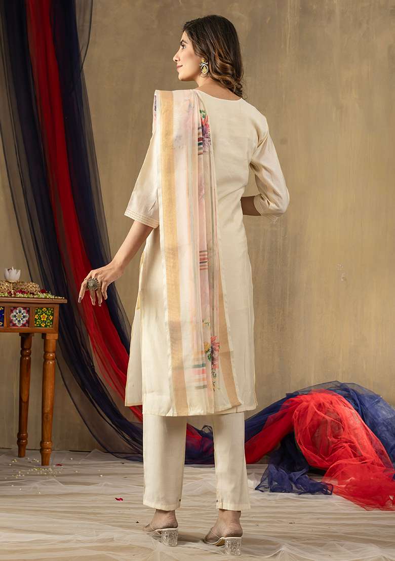 Off White Embroidered Silk Blend Straight Kurta Set - Indya