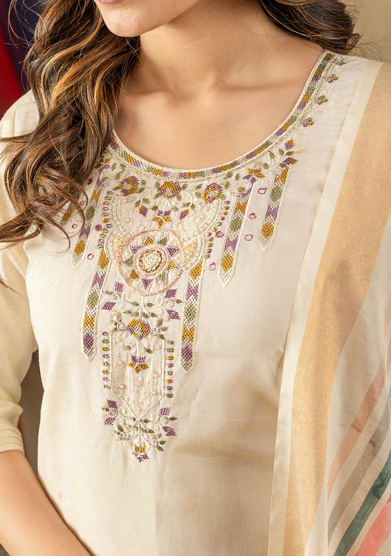 Off White Embroidered Silk Blend Straight Kurta Set - Indya