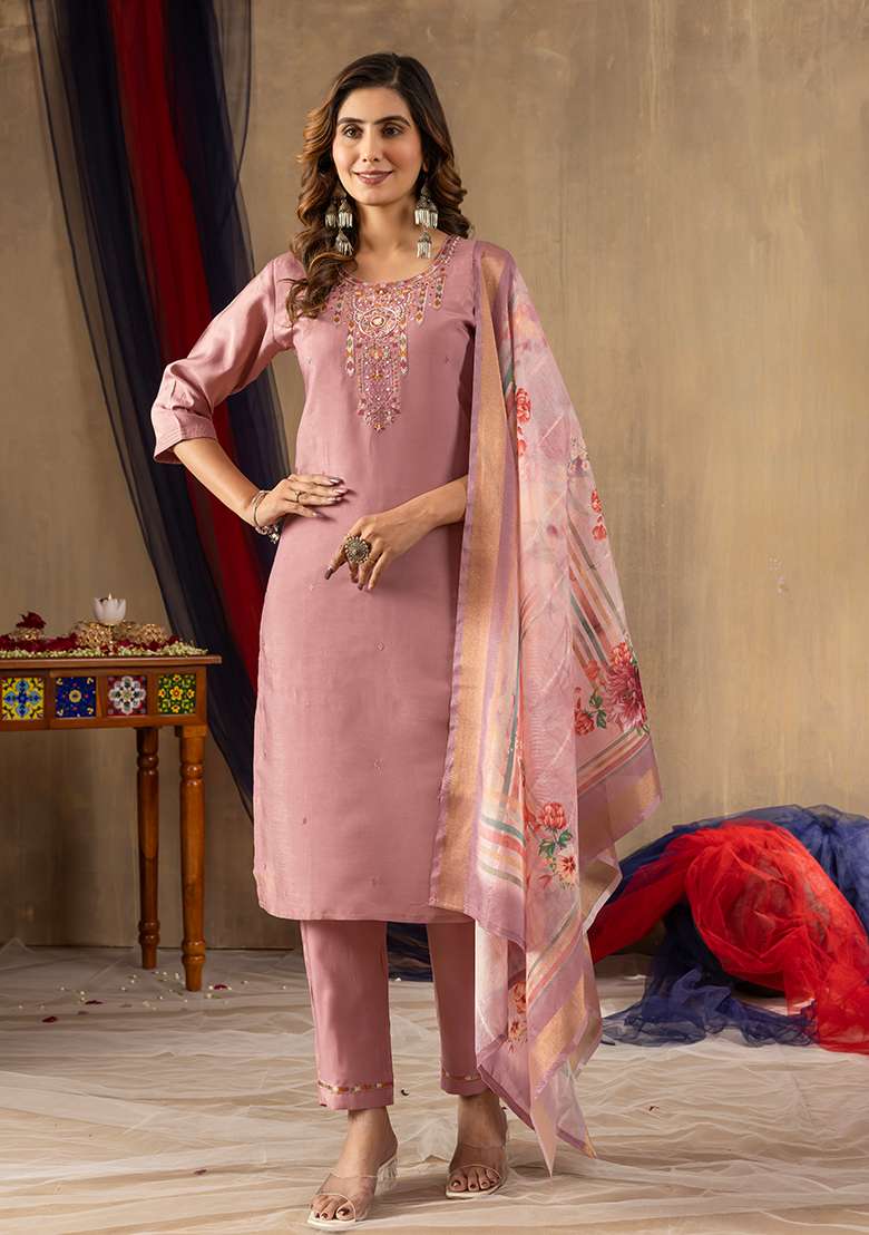 Onion Pink Embroidered Silk Blend Straight Kurta Set - Indya