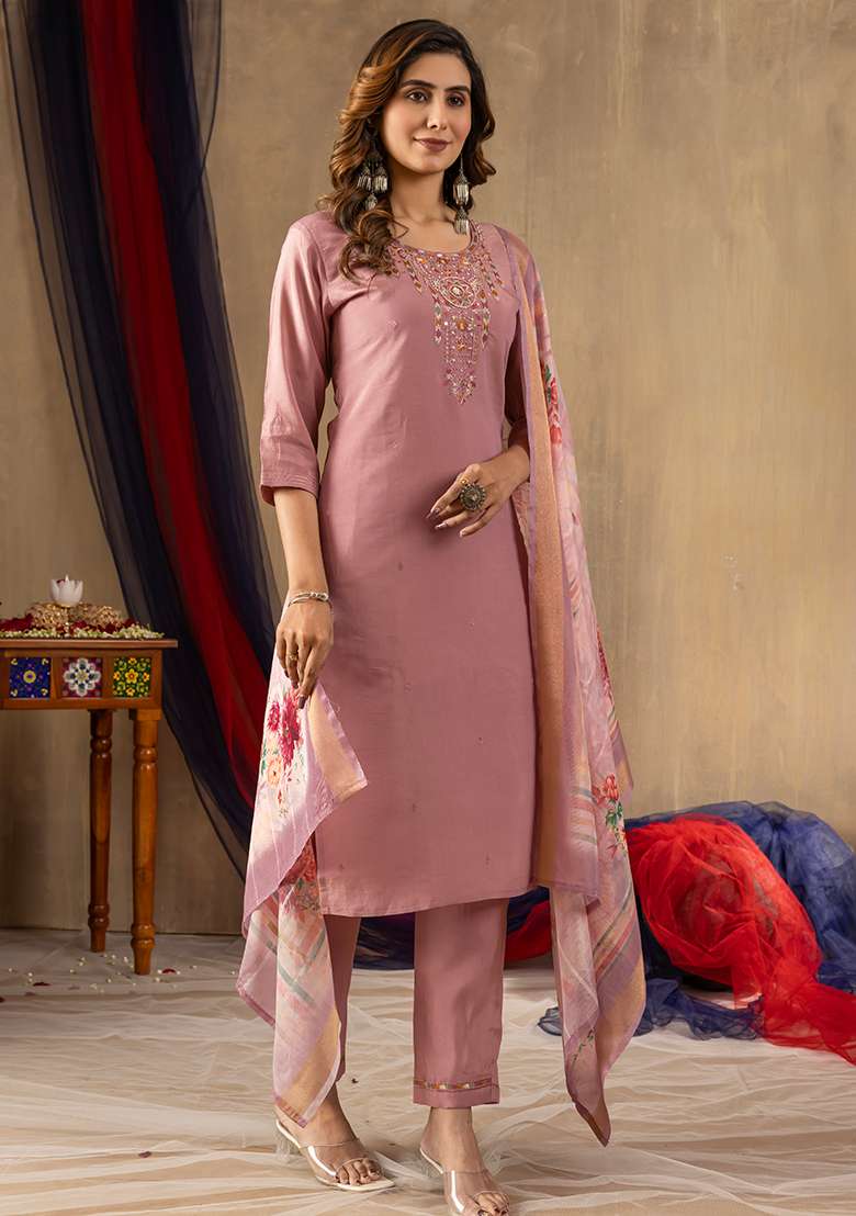 Onion Pink Embroidered Silk Blend Straight Kurta Set - Indya