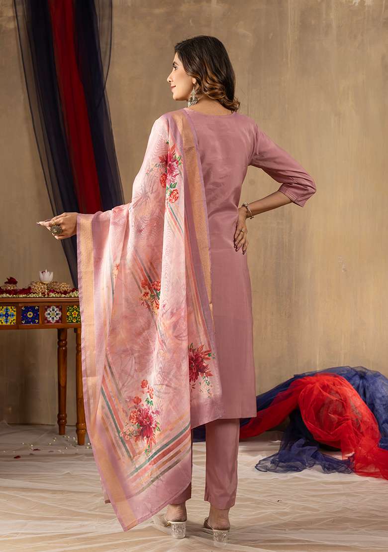 Onion Pink Embroidered Silk Blend Straight Kurta Set - Indya