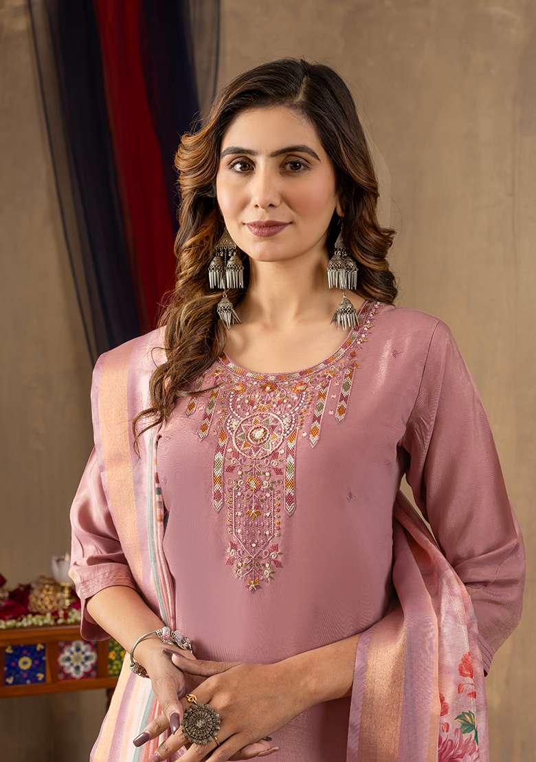 Onion Pink Embroidered Silk Blend Straight Kurta Set - Indya