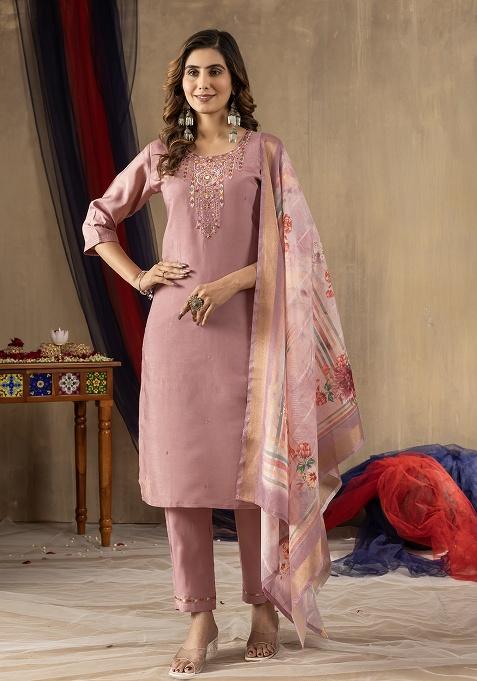 Onion Pink Embroidery Silk Kurta Set